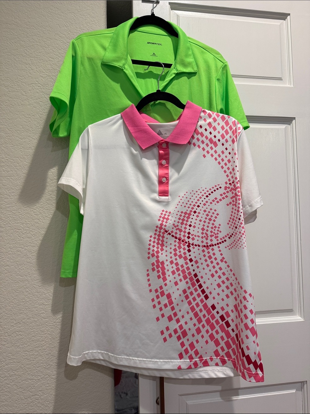 Sport-Tek White Polo with Pink Pixel Swirl Collar and Placket